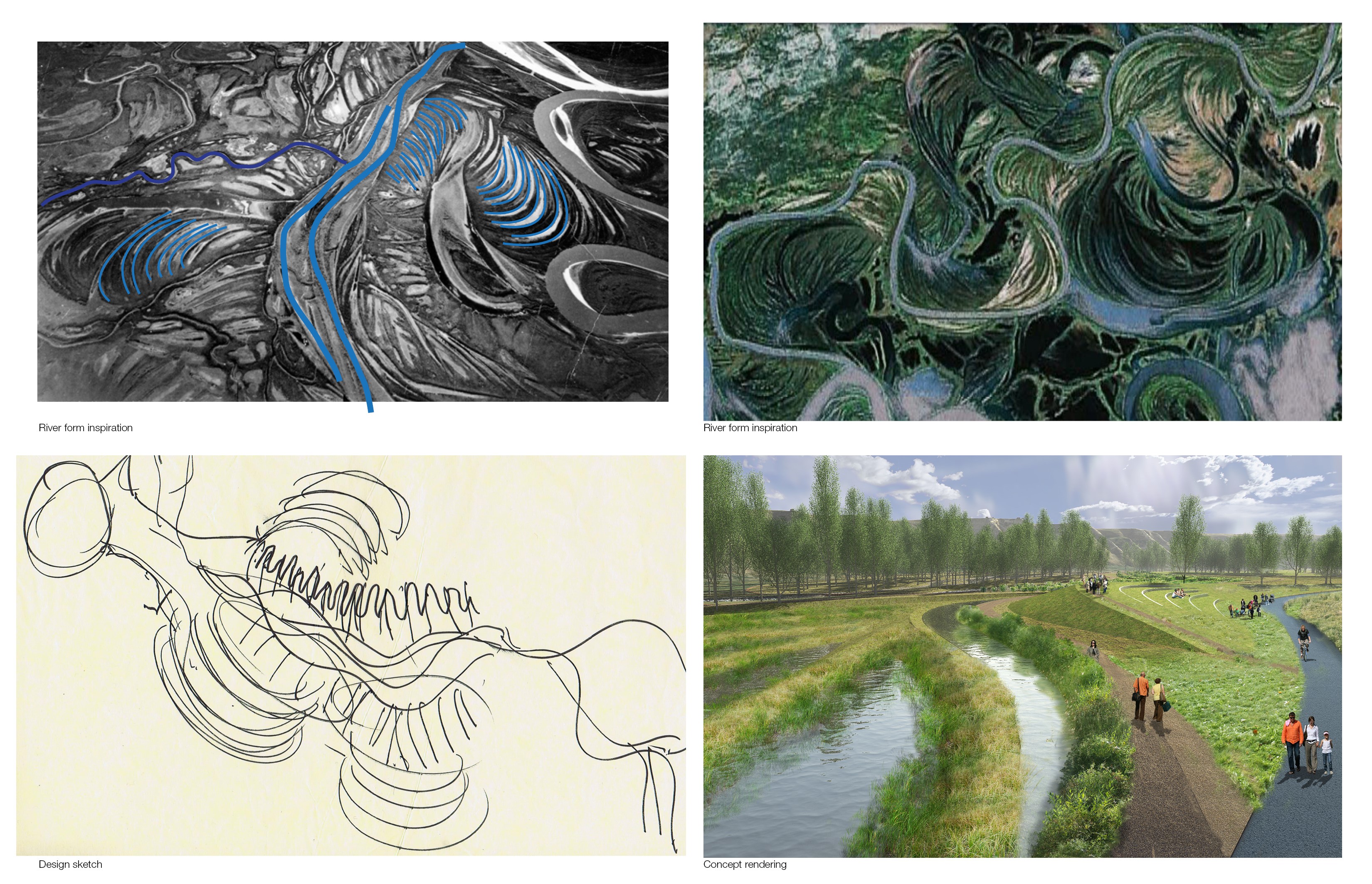 Conceptual sketches and rendering for river form inspiration.