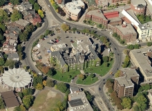 Aerial view of existing Spadina Circle and Historic Knox College Building as an isolated island.  Image Credit Microsoft Bing