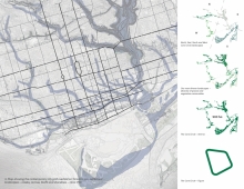 Contemporary city grid overlaid on Toronto’s pre-settlement landscapes – creeks, ravines, bluffs and shorelines c. 1790