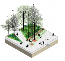 Bloc diagramme type du boisé urbain montrant le revêtement de sol, les jardins d