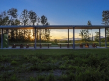 The meadow shelter frames the view which connects the dramatic landscape of the bog with the site.