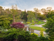 Panoramic late summer view of the garden with the plantings taking hold in their first season, and showing the ease and comfort in circulating in the garden and its parallel with the water channel.