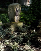 The use of Japanese painted ferns echoes the color and texture of “Solitary Man” by sculptor Philip Pavia.  