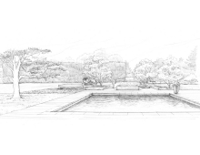 This sketch proposal for the new pool terrace and fireplace reflects the close collaboration with the client in the design process.