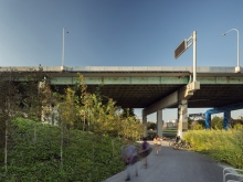 Pathways facilitating movement with a new trail and the project re-purposes displaced soil to establish new topography.  Image Credit Nic Lehoux