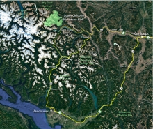 The park lies 150km north of Whistler and 95km west of Lillooet with access from Pemberton BC.