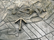 Detail of bronze arrow on tridimensional topographical map
