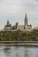 View of Parliament Hill and stairway from north shore of Ottawa River
