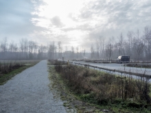Parking lot,bike path and bioswales at the park arrival point in late fall