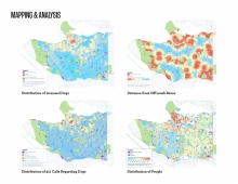 Maps were prepared utliizing GIS data to better understand the relationship between dogs, people and parks citywide