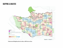 A composite map illustrates the level of service for off leash areas across the city.  
