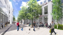 Perspective de la rue partagée et de ses commerces de proximité