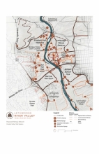 Detailed pathway network describes access, signage and wayfinding strategies throughout the river valley.