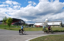 Great Lawn – view from south, Spiegel tent on porch, dual multi-use pathways in 