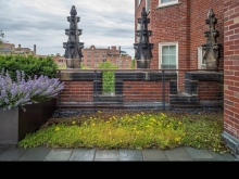 Preservation of heritage finials and wall crenellations is accomplished by a horizontal railing transparent from both street below and rooftop.
