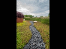 A "river" of pebble integrates the natural landscape into the green roof in a manner that conceals it's true identity five stories up.