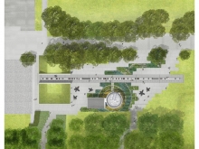 The observatory and courtyard are located along the central east-west spine in an existing open space. The site plan reinforces the Ericksonian grid and SFU vernacular while ensuring an active green space is provided.