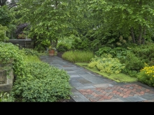 New brick inlay links entrance walk to the architecture of the house. Soft layered plantings provide enclosure and interest throughout the year.