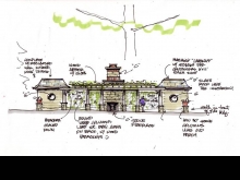 Sketch elevation of the pergola and twin summer houses inspired by a historic outbuilding in the neighborhood.